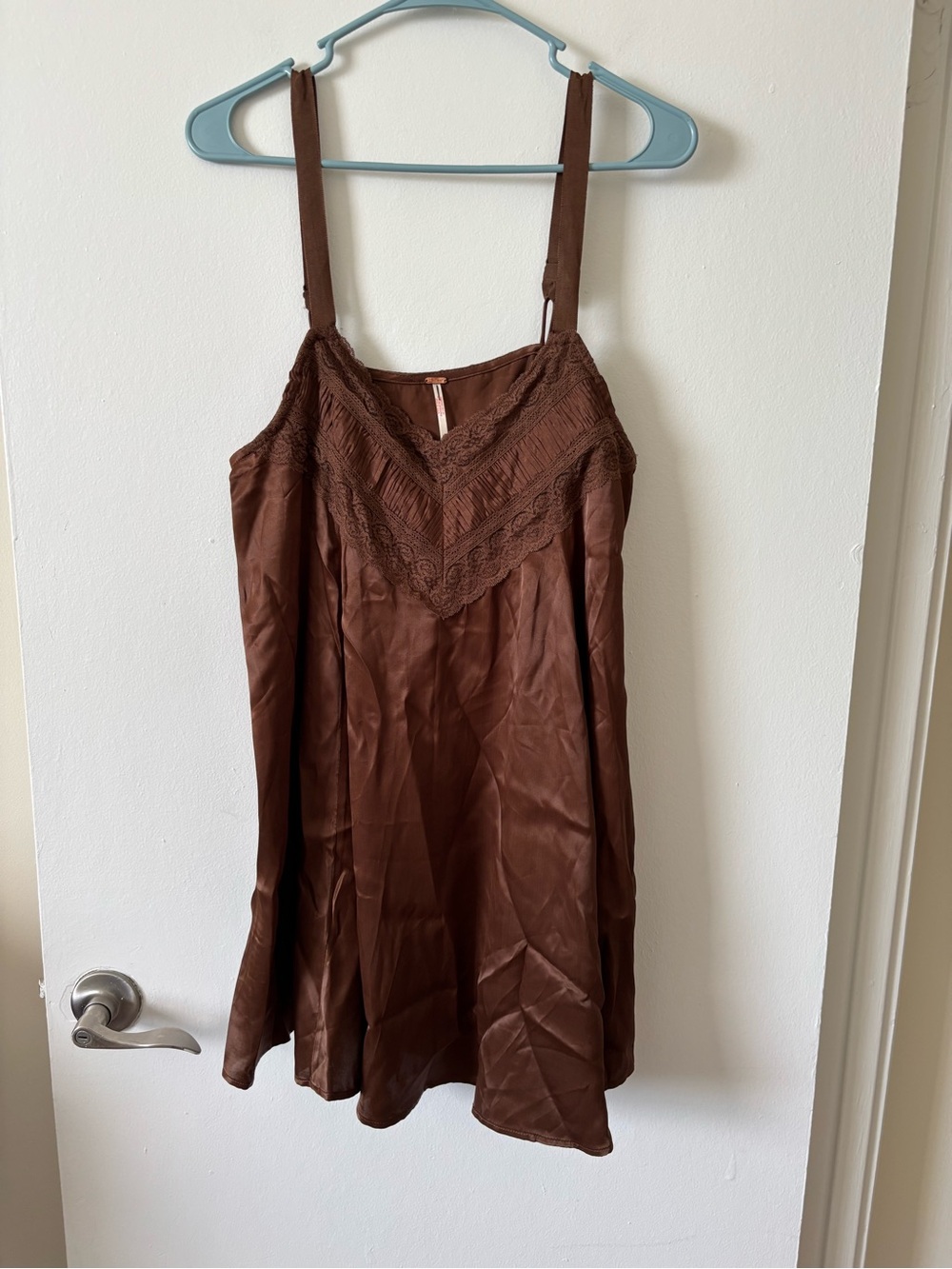Free People Chocolate Brown Satin Lace Trim Slip Dress - Picture 2 of 12